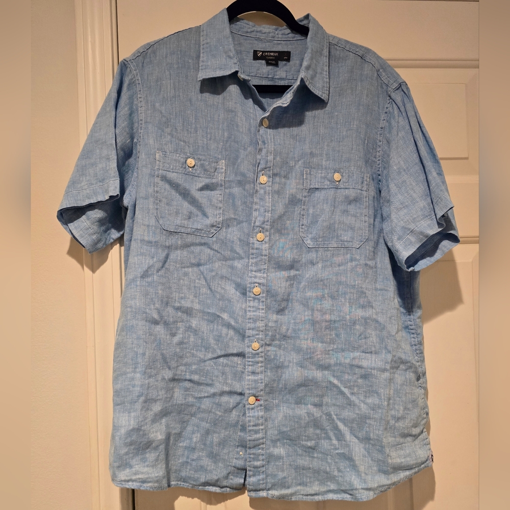 Cremieux Men's Baby Blue Size Large Linen Short Sleeve Collared Button Down